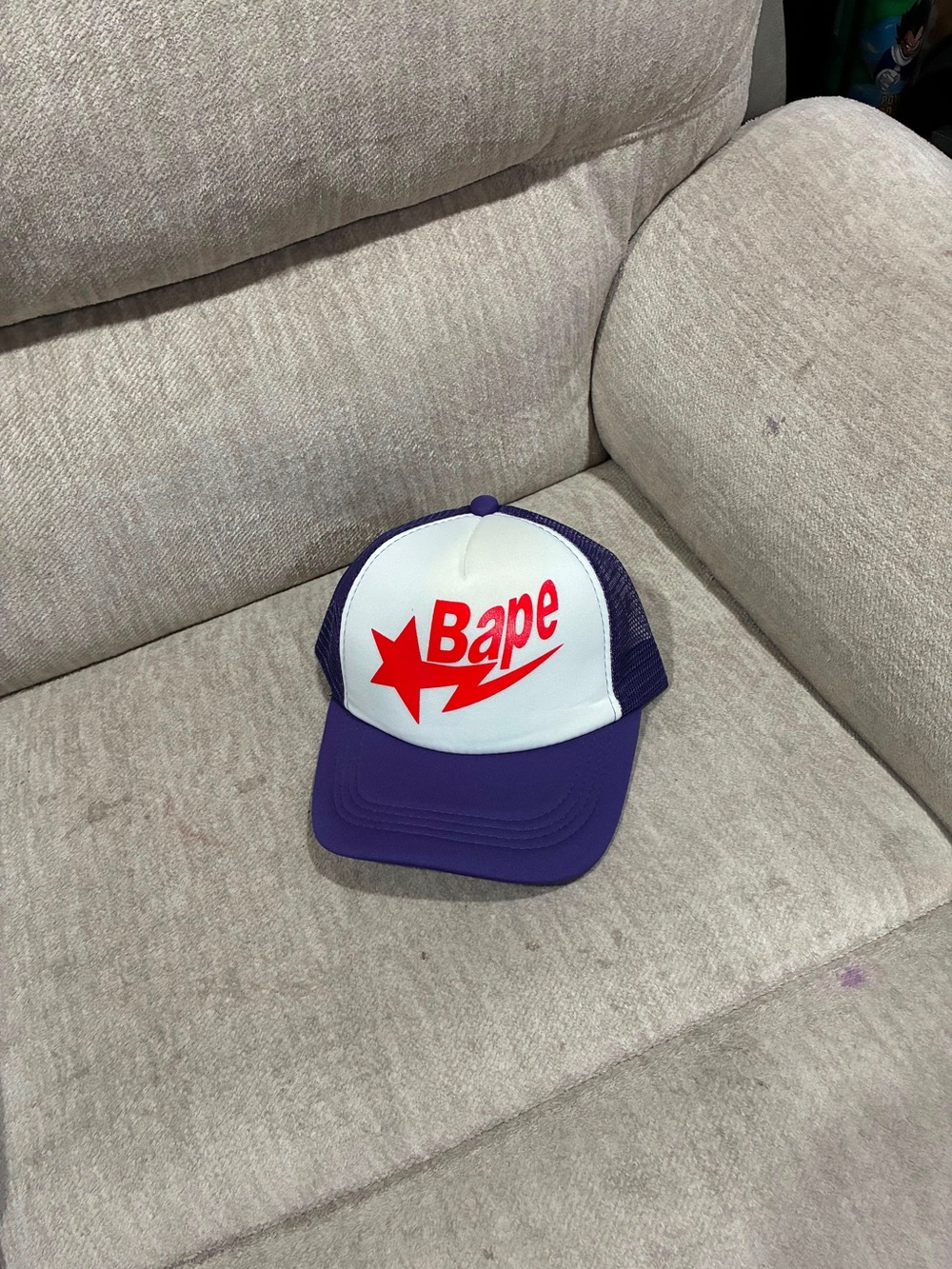 Bape Purple and White Trucker Hat with Red Logo